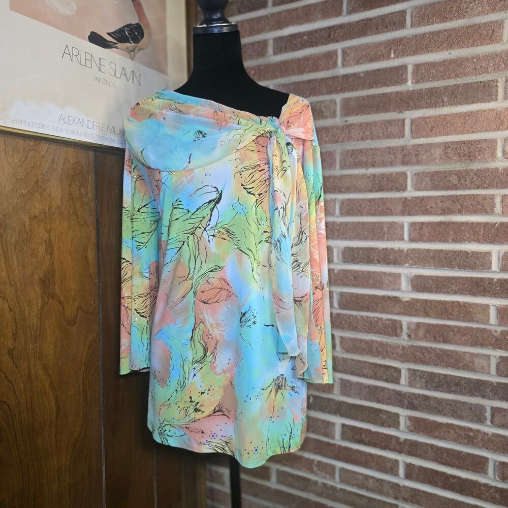 VTG Maggie Barnes Watercolor Floral Tunic Top 3X Rhinestone Cowl Neck Y2K Plus